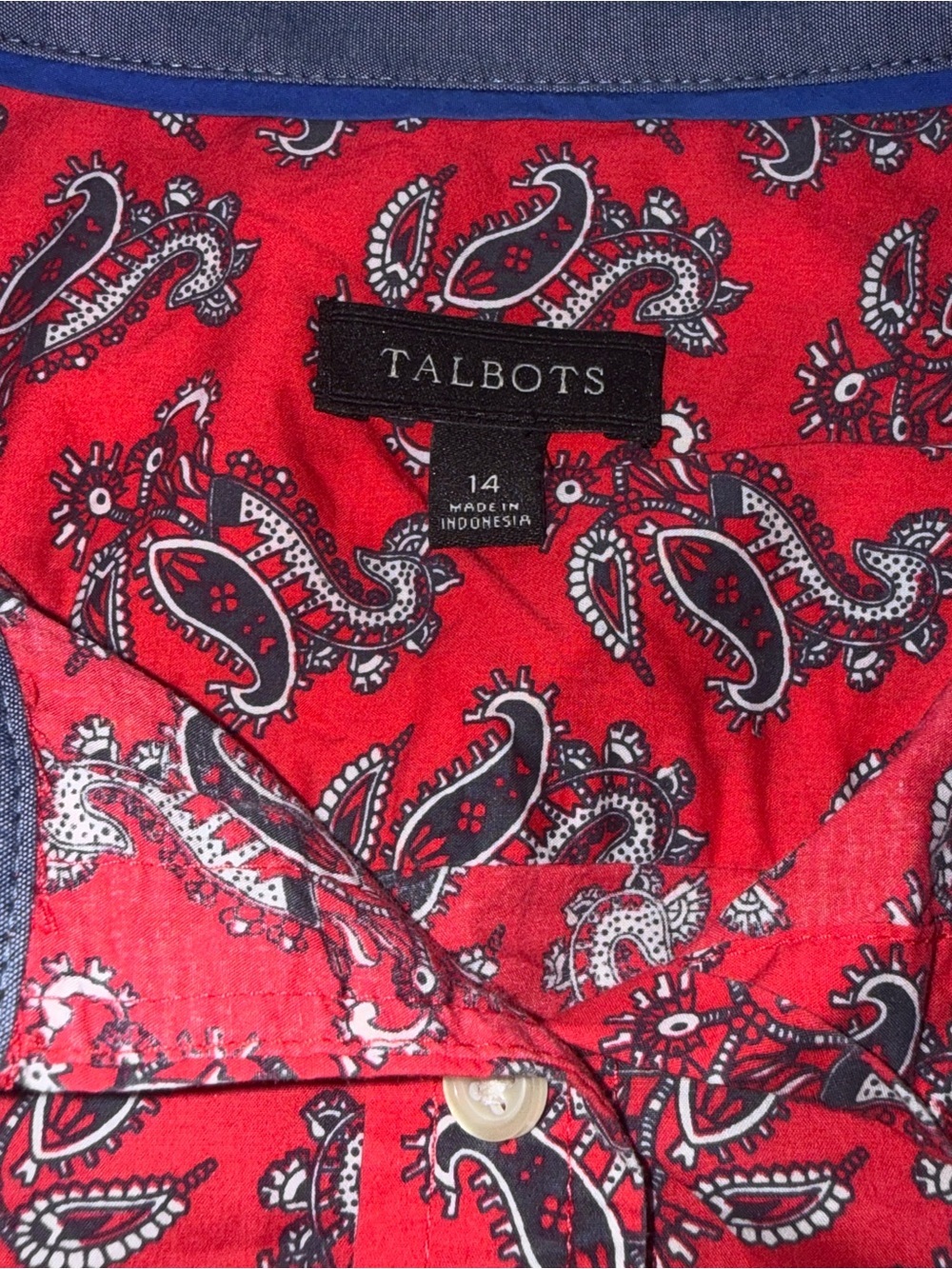 Talbots Size 14 Red Paisley Cotton Button Front Long Sleeve Shirt Blouse Classic - Picture 7 of 9